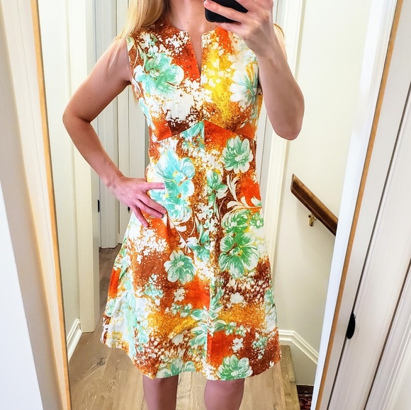 Vintage Dresses & Skirts - Vintage Bold Floral Print Mod Shift A-line Dress